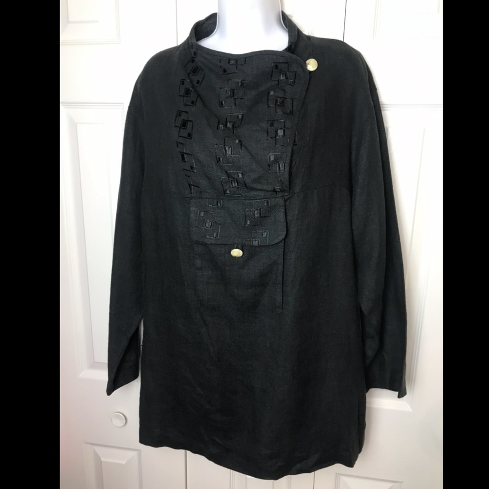 DESIGN TODAYS 100% Linen Tunic Top Blouse Shirt Black Embroidered Pocket Geo